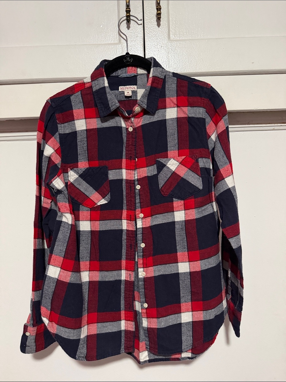 Merona Red, Navy and White Plaid Flannel Shirt